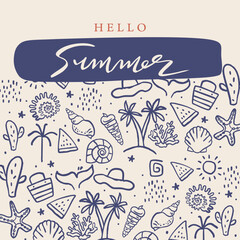cute doodle summer background with shell,fish tail