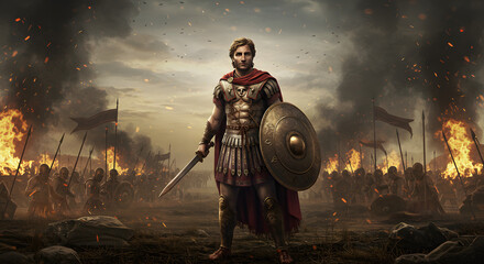 Ancient warrior with shield and sword in battlefield