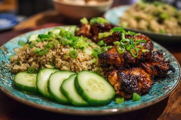 A teal plate holds a flavorful meal of glazed chicken pieces,  brown fried rice garnished with green onions, and sliced cucumbers.  The setting appears casual and home-cooked