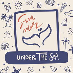 cute doodle summer background with shell,fish tail