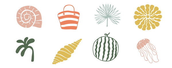 summer beach element object with shell,sun,watermelon,tree