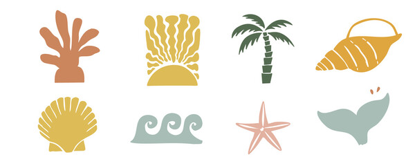 summer beach element object with shell,sun,wave,tail fish,tree