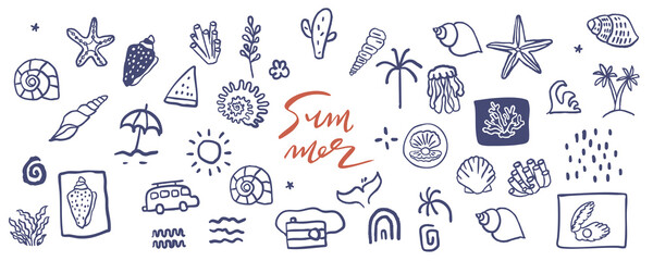 cute doodle summer icon with shell,coral,tree for kid design