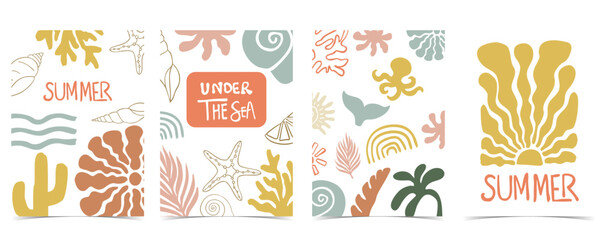 cute  summer background with shell,sun,rainbow,,tree for vertical A4 design