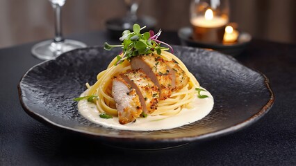 Chicken Pasta Dish with Microgreens and Cream Sauce