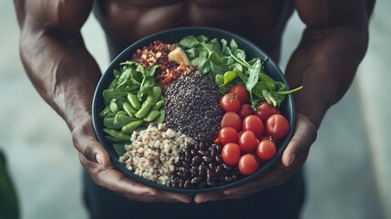 A colorful and healthy bowl of food, featuring a variety of ingredients.