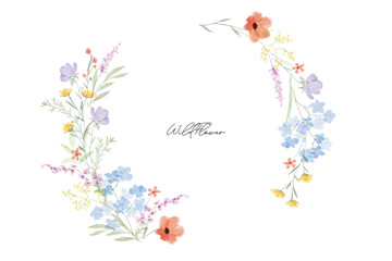 Colorful meadow wildflowers watercolor botanical background wreaht frame. Spring and summer Background watercolor arrangements with small flower. Botanical illustration minimal style.