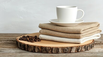 Stacked linen cloths and coffee cup on wooden platter.