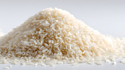 Close-up of a healthy, raw white rice grain pile, perfect as an isolated food ingredient background