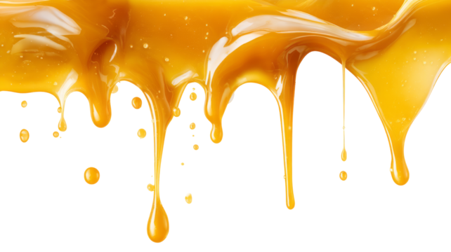 melting caramel with drips and splashes. isolated, transparent background