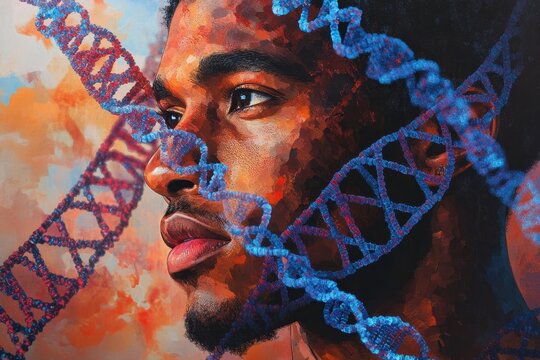 Bursting with potential, a biracial male surgeon inspired by vibrant DNA strands, dna strands over biracial male surgeon