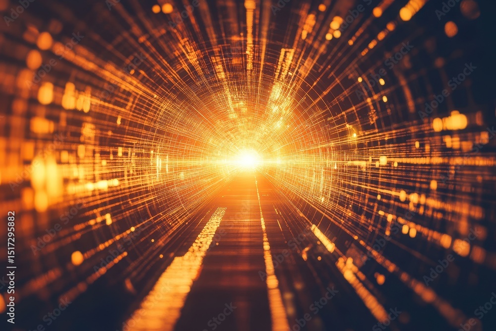 Poster moving through a glowing digital tunnel filled with light and vibrant energy patterns, moving throug