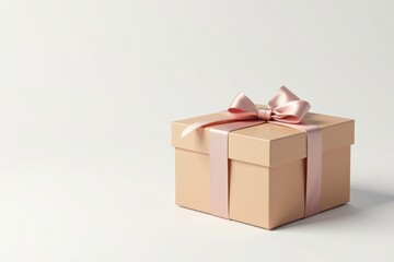 A delicately presented gift box, tied with a blush pink ribbon, sits on a pristine white surface, ready for a special occasion