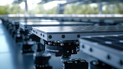 Close-up view of numerous solar panels affixed to machinery.