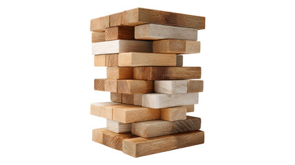 wooden block tower game on a white surface isolated, transparent background