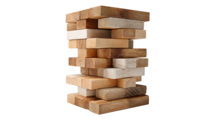 wooden block tower game on a white surface isolated, transparent background