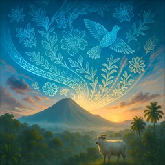 Illustration of Mount Lokon in Tomohon, North Sulawesi Indonesia, glowing under a surreal aurora painted with Minahasa Batik patterns. Indigenous flora and fauna motifs float across a silvery-blue sky