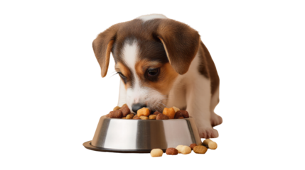 a puppy eating food from its bowl isolated, transparent background	