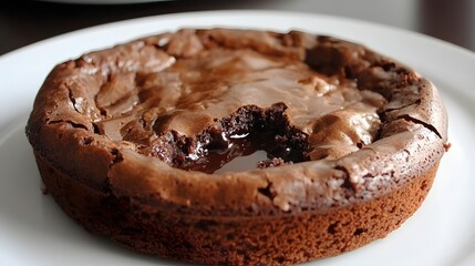 A delectable round chocolate cake with a molten center.