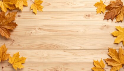 Autumn Maple Leaves on Light Wood Background