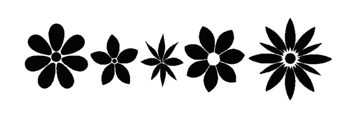 A set of 5 floral silhouette icons in a 1x5 layout, featuring solid black designs with sharp styles like layered petals and starburst patterns. Set on a transparent background, ideal for design