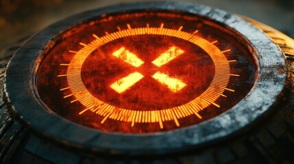 Close-up of a glowing, circular device with a fiery cross symbol.