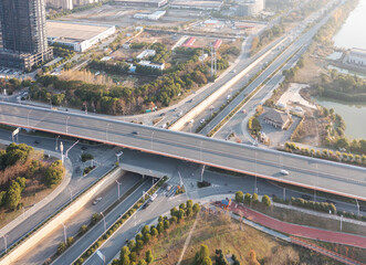 Fototapeta premium Aerial view of downtown intersection