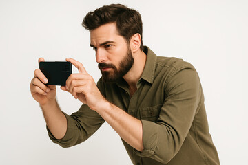 Photographer holding a phone with both hands, analyzing composition seriously, white background