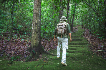Tourist walking on the stairway mountain forest trail backpacking adventure outdoors.