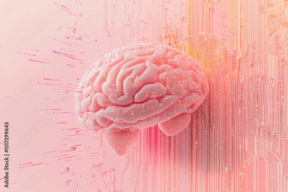 Poster data processing visualization with brain illustration and pink abstract background in digital art st