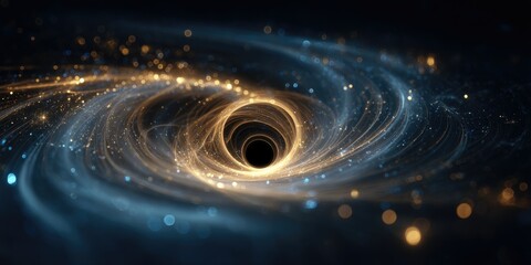 A swirling vortex of cosmic dust and light spirals into a dark, central singularity, evoking a sense of immense gravitational pull and mystery