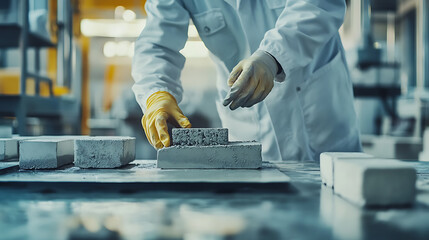 Worker in a lab coat and gloves handling concrete blocks in an industrial setting