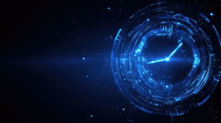 A futuristic, glowing blue clock face, digitally rendered, appears to be constructed of interconnected nodes 
