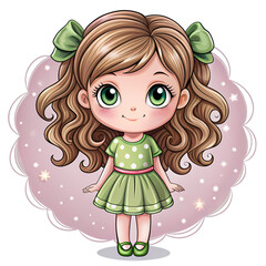 Charming Little Girl with Green Dress and Bows isolated on transparent baackground