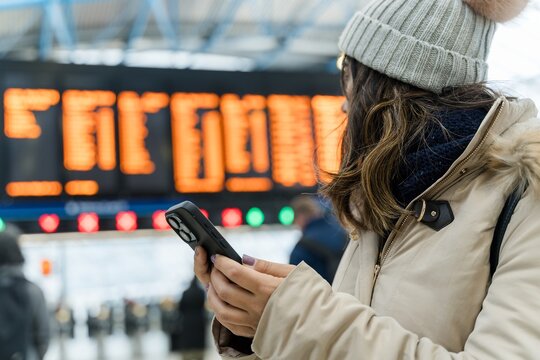 woman using smartphone checking schedule on departure board 