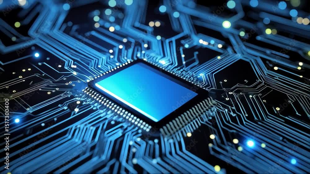 Poster blue toned circuit board with central processor unit illustrating digital data processing and electr
