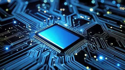 Blue toned circuit board with central processor unit illustrating digital data processing and electrical connectivity in network systems. - Powered by Adobe