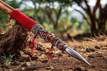 Long Maasai spear with smooth wooden shaft and sharp iron tip