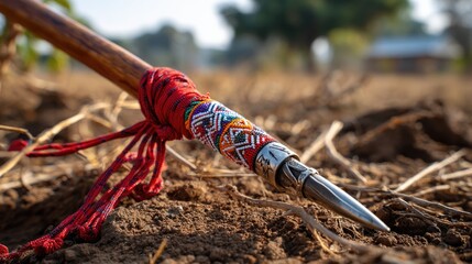 Long Maasai spear with smooth wooden shaft and sharp iron tip