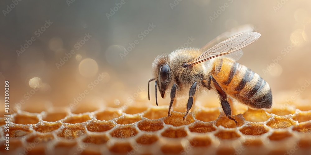 Aufkleber close-up of queen bee on hexagonal honeycomb with active worker bees symbolizing natural productivit