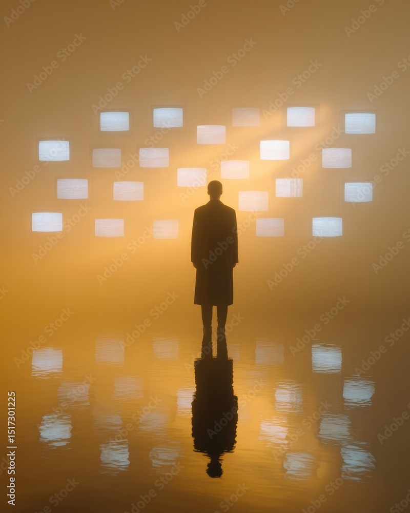 Poster silhouetted figure monitoring multiple television screens displaying political news, symbolizing med