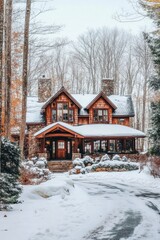 Snow-covered rustic house in a tranquil wooded area during winter with stone details and a long driveway leading up to the entrance