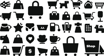 Extensive Collection of Shopping Cart, Bag, and Purchase Icons Vector Graphics for E-commerce, Retail, and Website Design