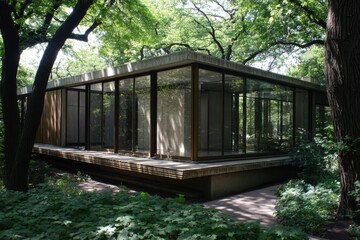 Modern architectural design showcases a glass and concrete structure nestled in a lush green landscape surrounded by trees and foliage during bright daylight