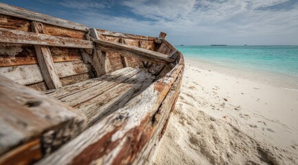 Weathered wooden boat rests on a pristine white sand beach, turquoise water and distant horizon visible.  The boat shows significant age and wear