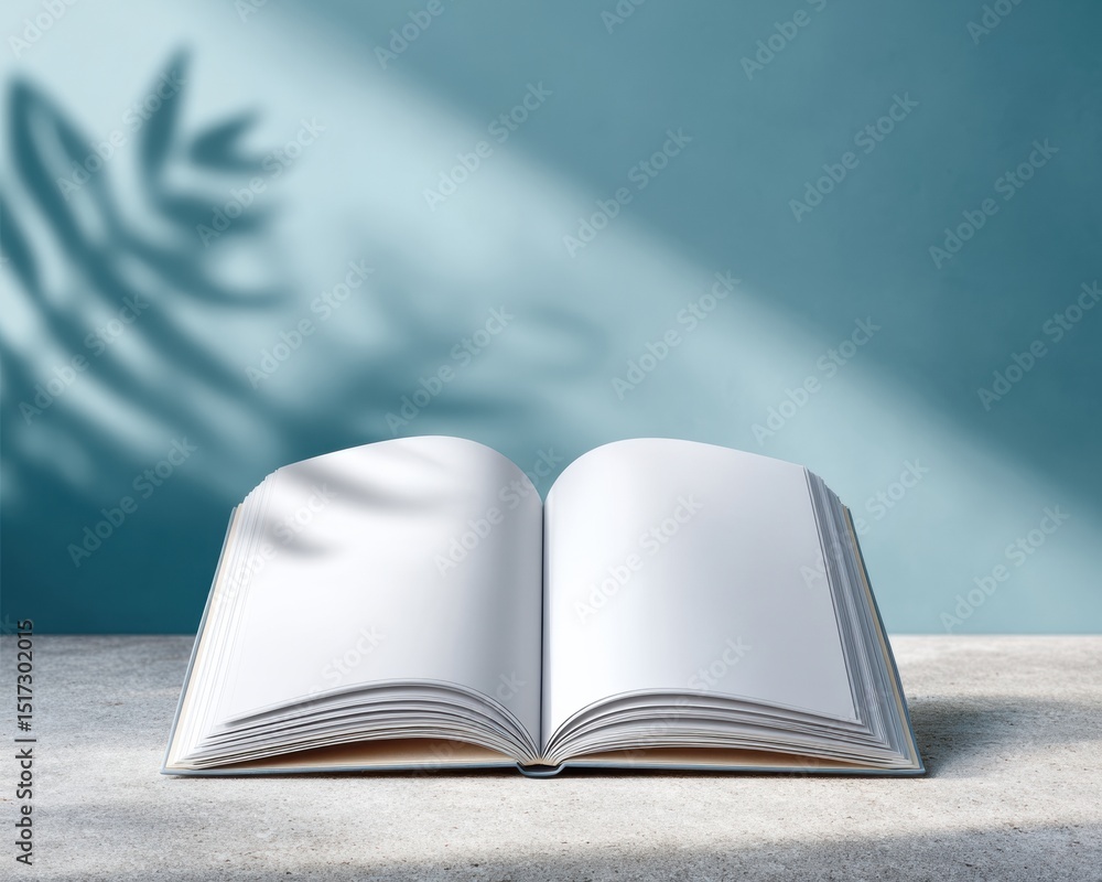 Aufkleber Minimalist Open Notebook Mockup with Blank Pages and Natural Light Shadow on Textured Desk for Creative Workspace and Stationery Branding