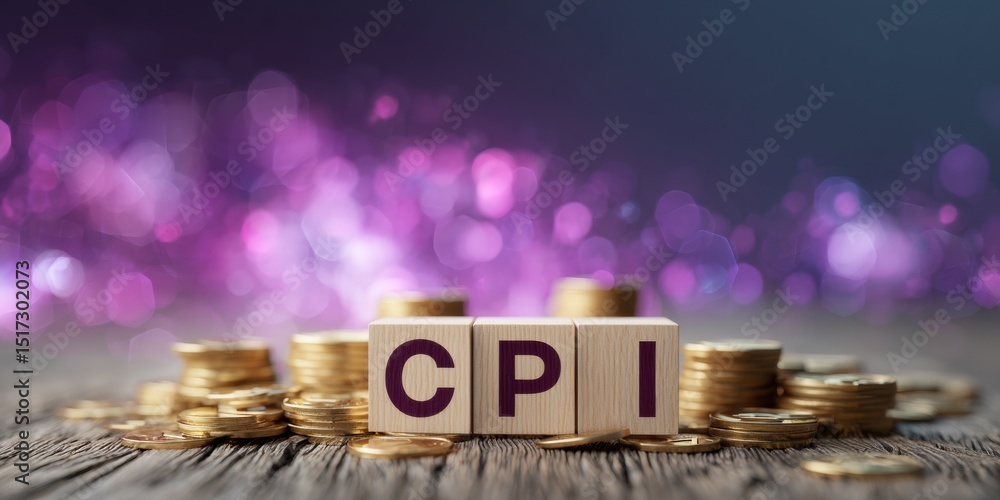 Poster cpi wooden blocks with dollar bills and coin stacks on textured surface symbolizing economic measure