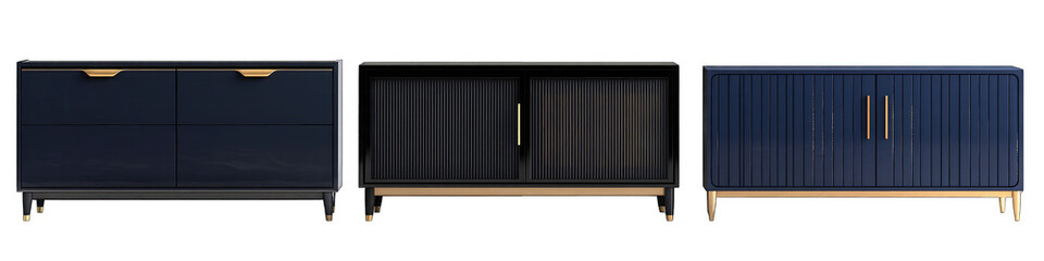 Three dark navy blue cabinets with gold hardware