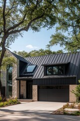 Contemporary residence featuring a stylish design, expansive windows, and an abundance of greenery, nestled in a vibrant, sunlit suburban community