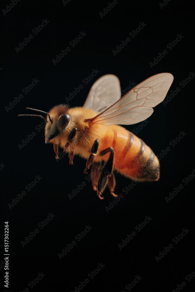 Poster close-up macro of honeybee in flight on black background, detailed insect portrait for environmental